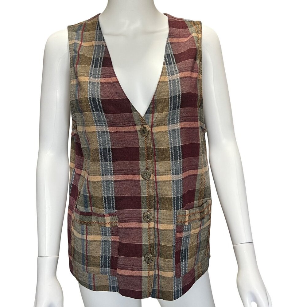 Ivy Collectibles Plaid Button-Up Vest  Vintage Made In USA Womens Size Medium